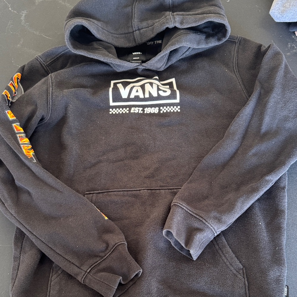 Vans Black Pullover Hoodie with White Logo and Orange Sleeve Detail